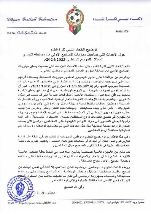 الاتحاد الليبي لكرة القدم يدرس إمكانية حظر الملاعب أمام الجماهير