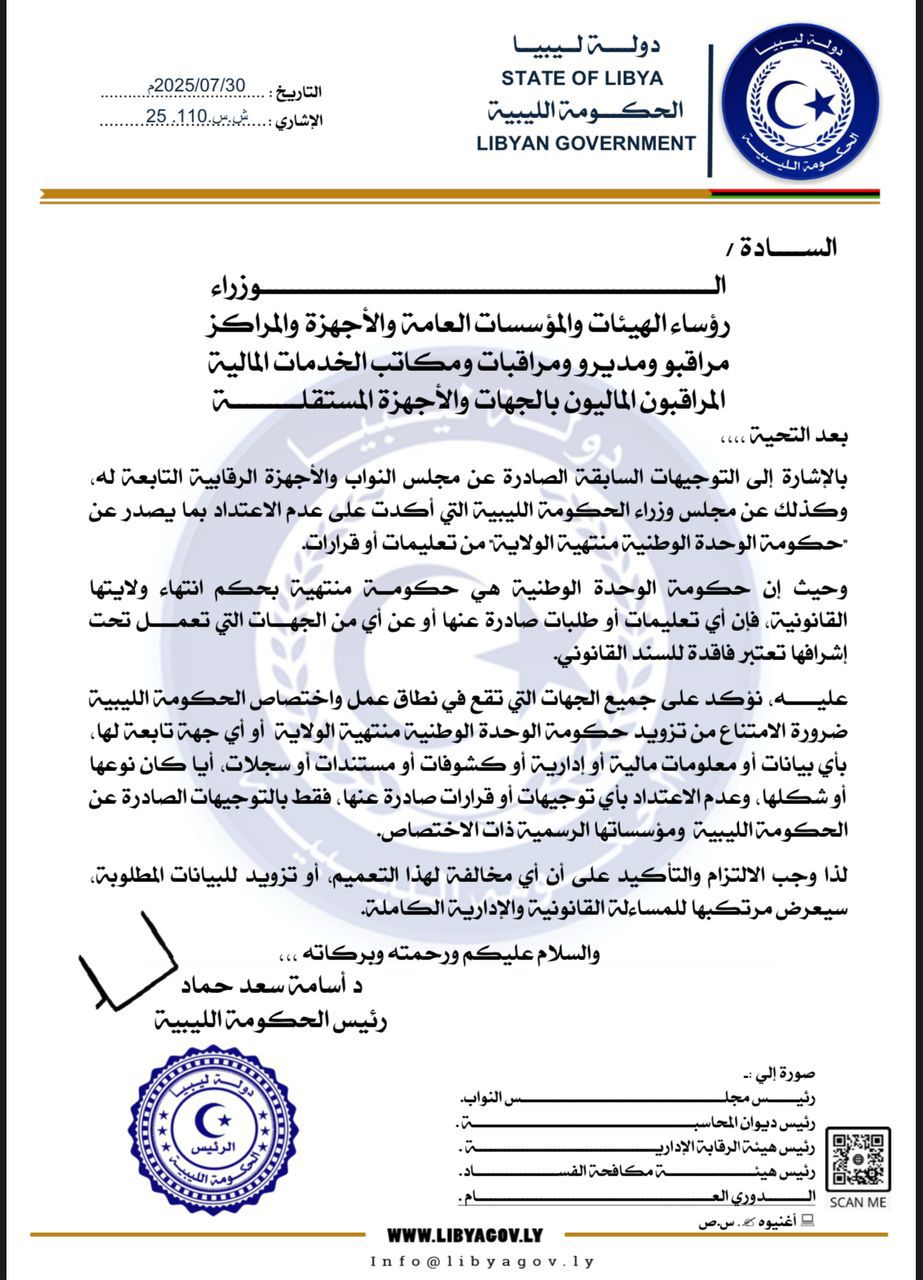 الحكومة الليبية تشدّد على رفض التعامل مع ما يصدر عن حكومة الوحدة 