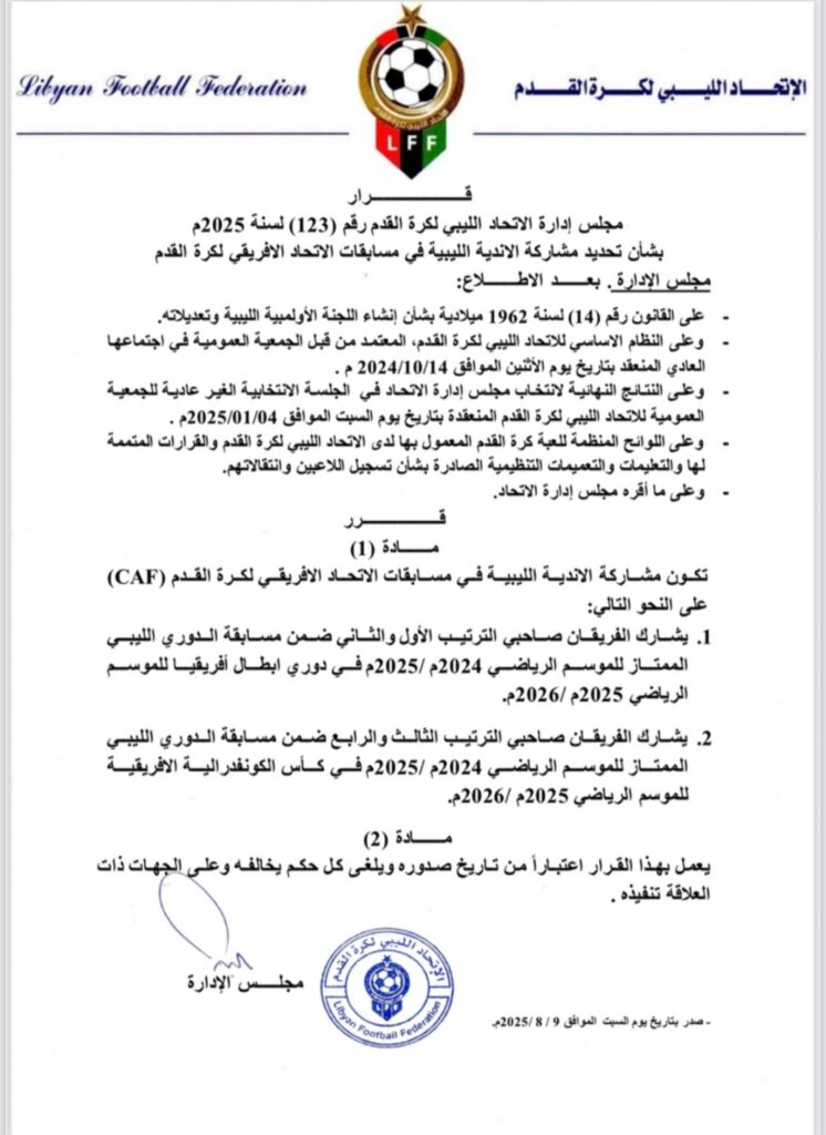 الاتحاد الليبي لكرة القدم يحدد آلية مشاركة الأندية الليبية في مسابقات الاتحاد الافريقي