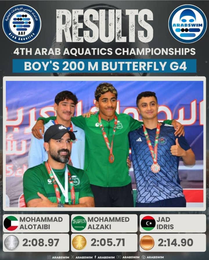 السباح الليبي جاد إدريس يحرز برونزية جديدة في البطولة العربية بالمغرب