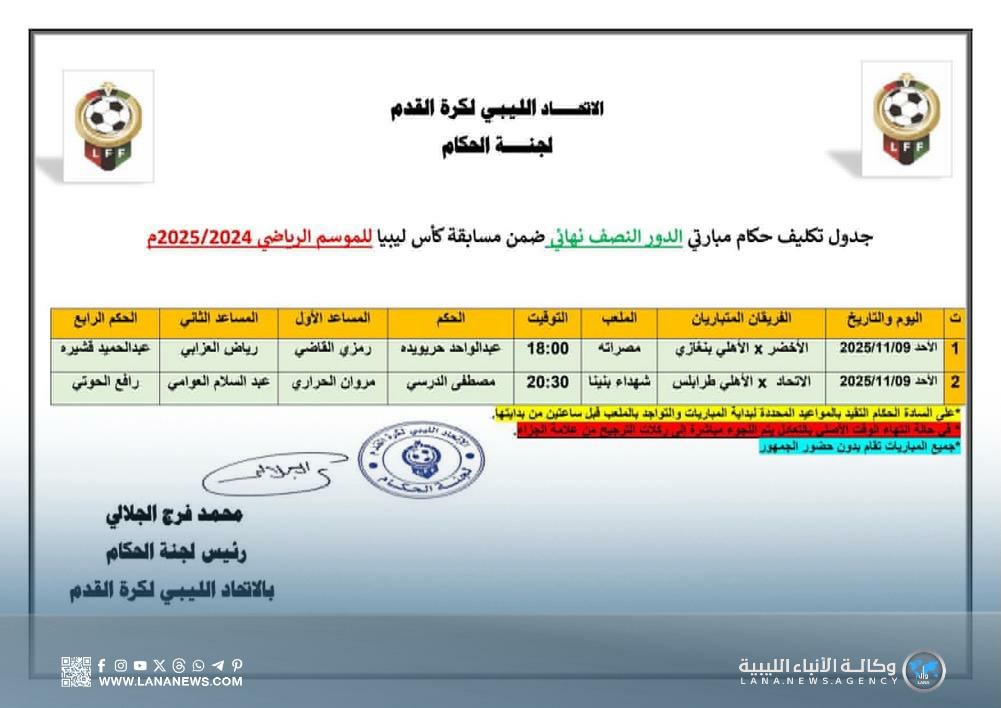 لجنة الحكام تُعلن أطقم إدارة نصف نهائي كأس ليبيا