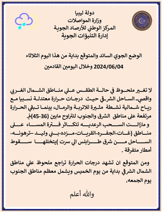 حالة الطقس حسب المركز الوطني للأرصاد الجوية